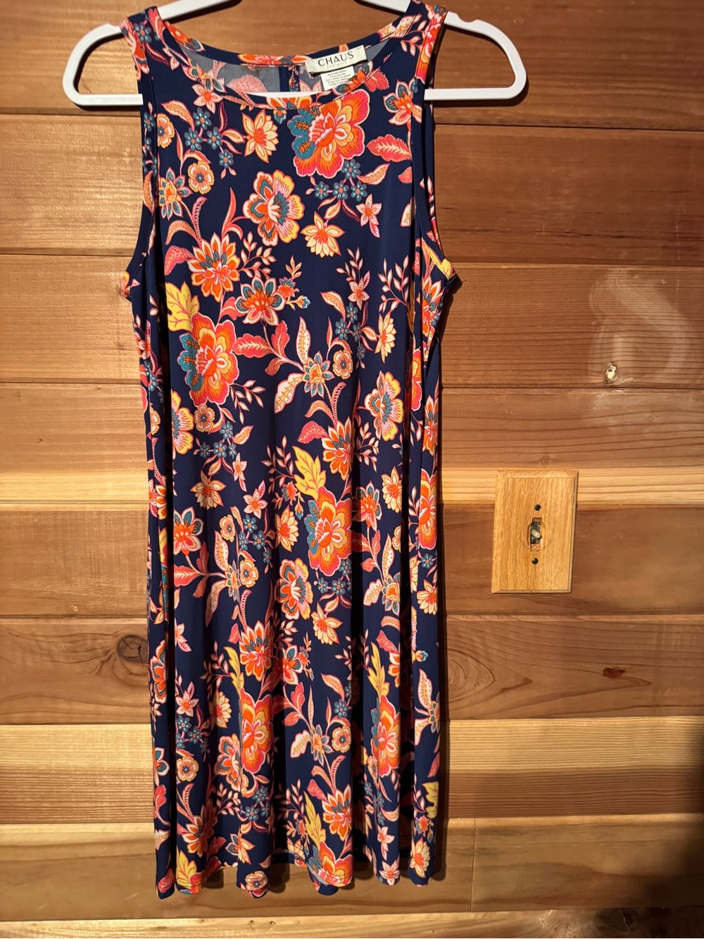 Chaus Navy Floral Midi Dress with Coral & Yellow Blooms